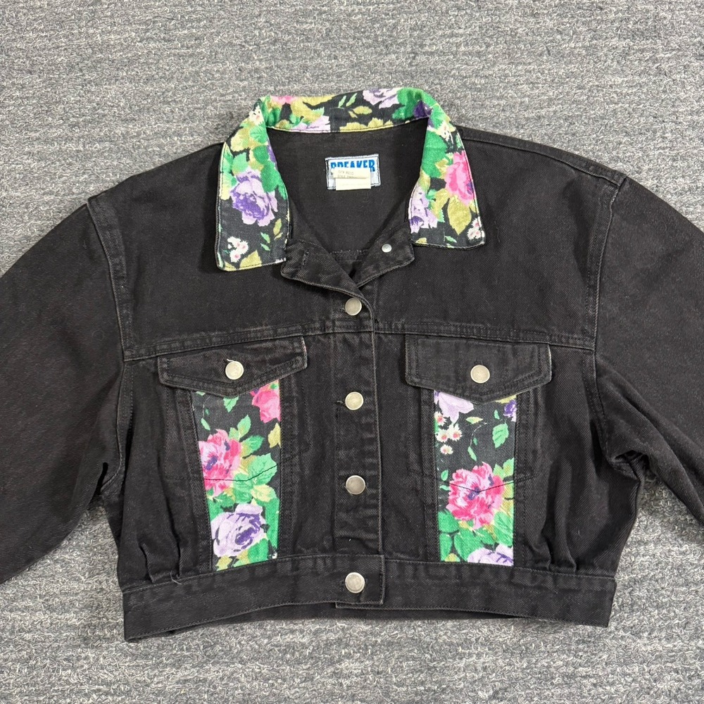 Vintage Breaker Jeans Denim jacket Medium Black Floral Cropped Oversized 80s USA